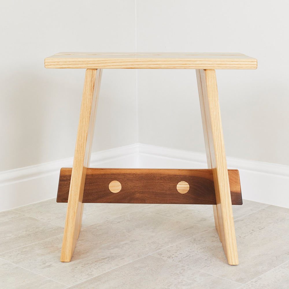 Side profile Ash and Walnut Duel Stool furniture design by Richard Pearce woodwork and joinery Cornwall