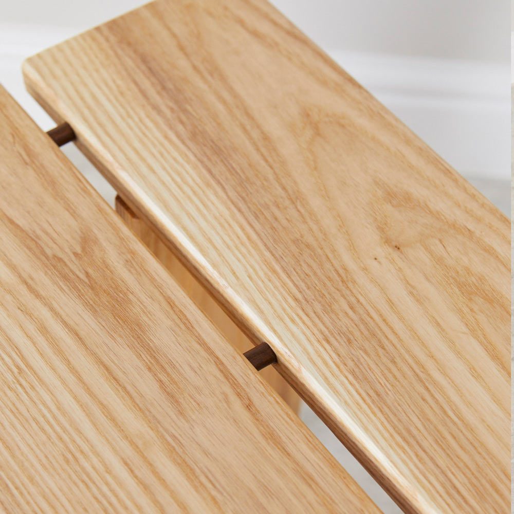 Top detail Ash and Walnut Duel Stool furniture design by Richard Pearce woodwork and joinery Cornwall