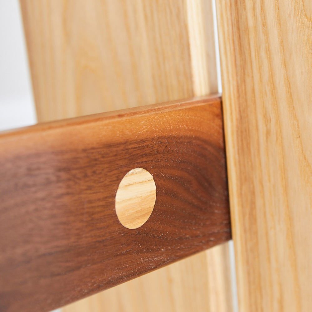 Joinery detail Ash and Walnut Duel Stool furniture design by Richard Pearce woodwork Cornwall